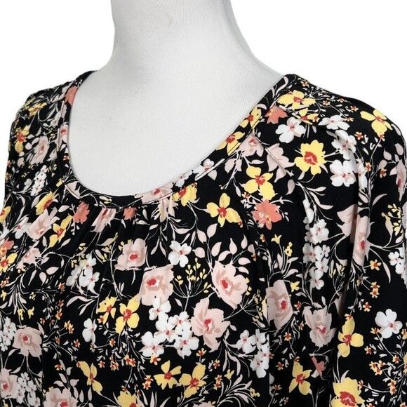 Liz Claiborne Blouse Size OX Black Floral Slinky Keyhole Pleated Front Work Top - Picture 4 of 11